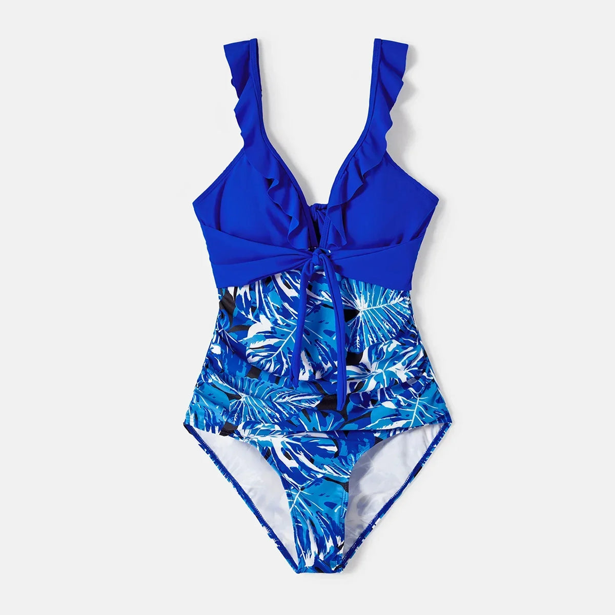 Family Matching Swimsuits Plant Print Swim Trunks and Blue Ruffle Trim Spliced One-piece Swimsuit