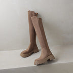 Flock Round Toe Stretch Over-the-Knee Boots with Medium Heels – Elegant, Modern, and Warm Slip-On Style for Leisure and Everyday Chic