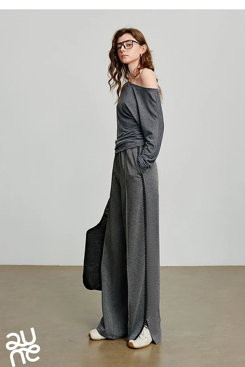 Casual Knit Straight Pants – Elastic Waist Autumn Trousers for Women