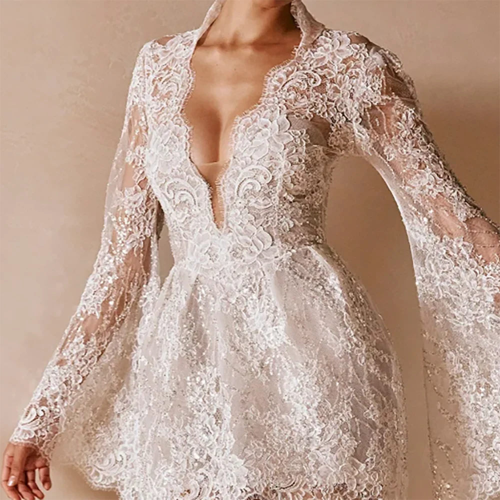 V-Neck Full Sleeve Lace Beaded Mini A-Line Wedding Dress – Custom Made