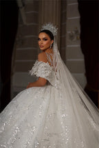 Sparkly Sequined A-Line Wedding Dress – Princess Chapel Train, Custom Made