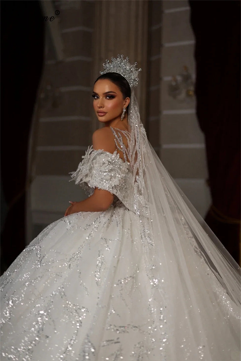 Sparkly Sequined A-Line Wedding Dress – Princess Chapel Train, Custom Made