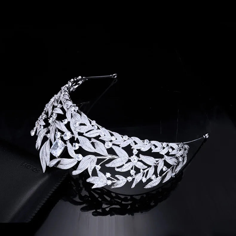 Cubic Zirconia Leaf Tiara  -  Bridal Crown Headband for Brides, Princess or Queen Style Wedding Hair Accessories
