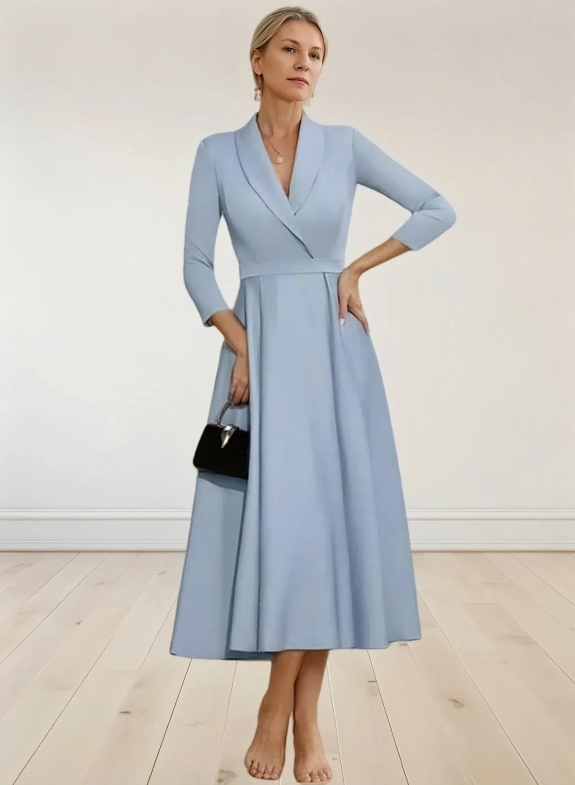 Elegant A-Line Satin Mother of the Bride Dress – Tea Length with 3/4 Sleeves | 2025 Wedding Guest Look