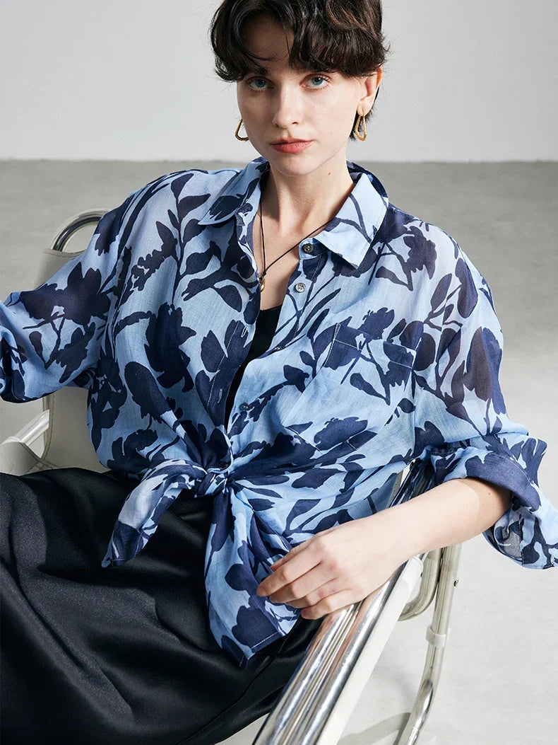 100% Ramie Floral Blouse  -  Women's Printed Shirt with Turn-Down Collar