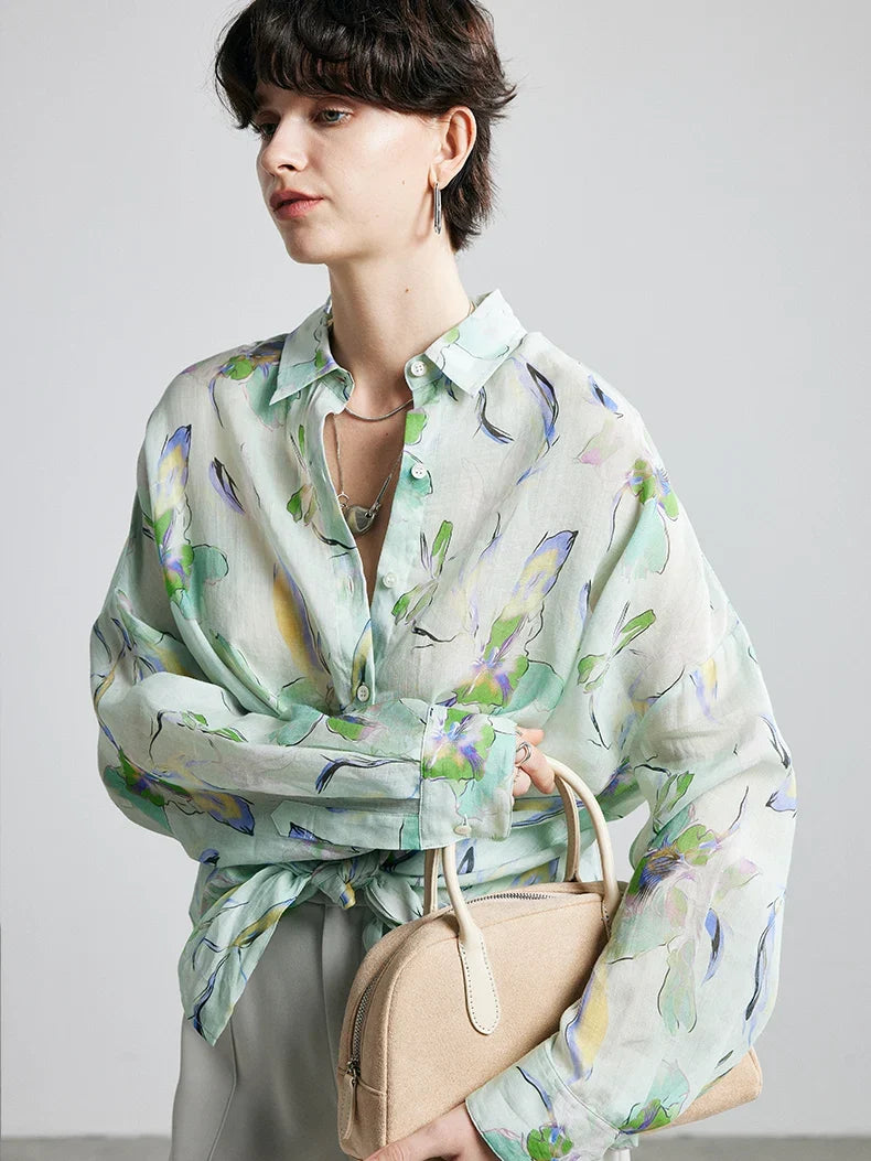 100% Ramie Printed Blouse  -  Women's Turn-Down Collar Shirt in Blue, Green, or Yellow