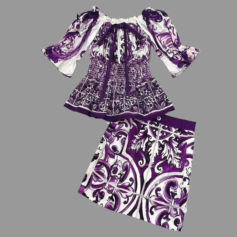 Elegant Women's Silk Top & Printed Cotton Skirt Set – 2-Piece Turn-Down Collar Outfit