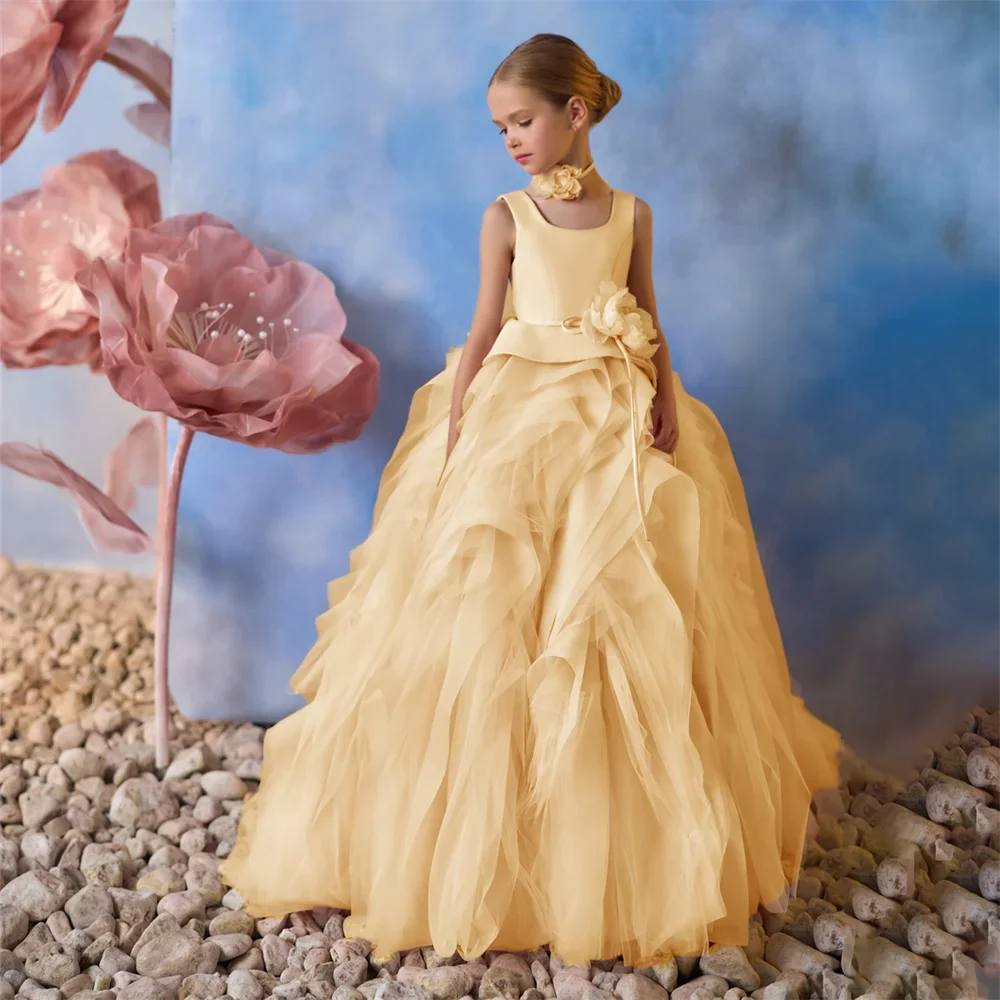 Flower Pleat Square Neck Sleeveless Communion Dress For Girl Floor Length Luxury Summer Sweep Train Wedding Party Gown New 2025