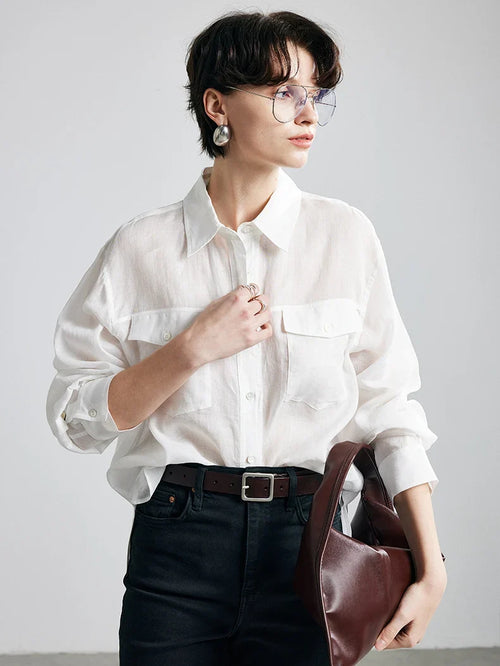 100% Ramie Loose-Fit Blouse  -  Women's Turn-Down Collar Shirt with Double Chest Pockets