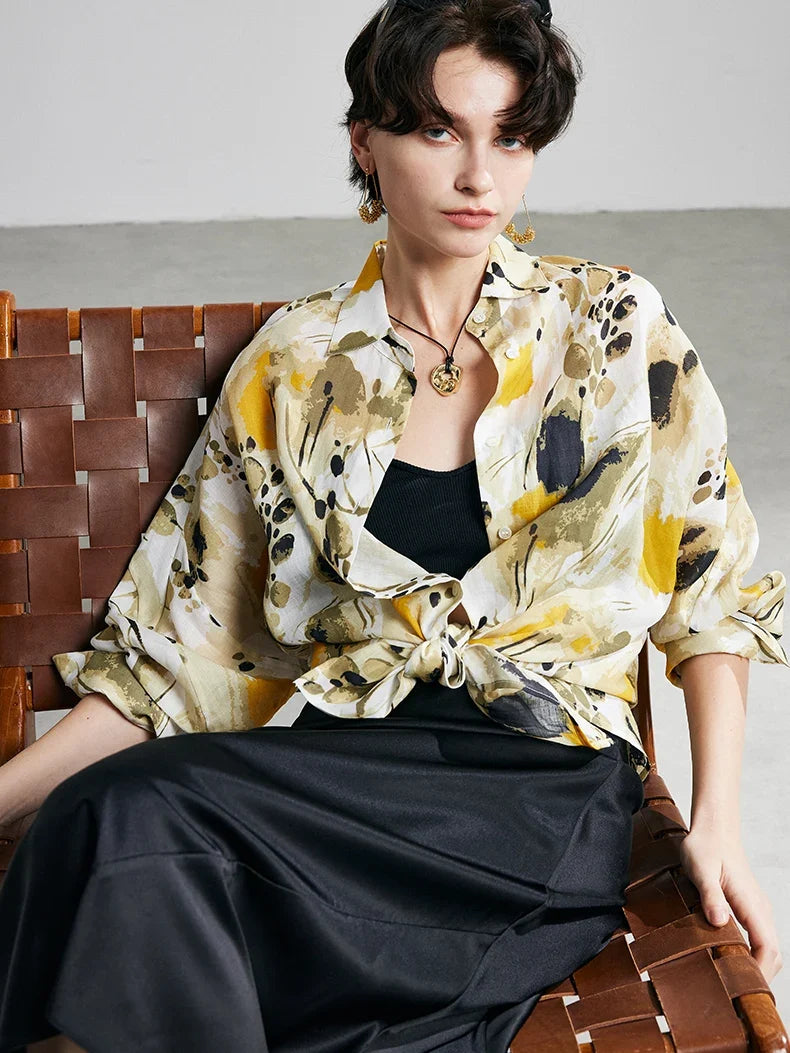 100% Ramie Floral Blouse  -  Pink Turn-Down Collar Shirt