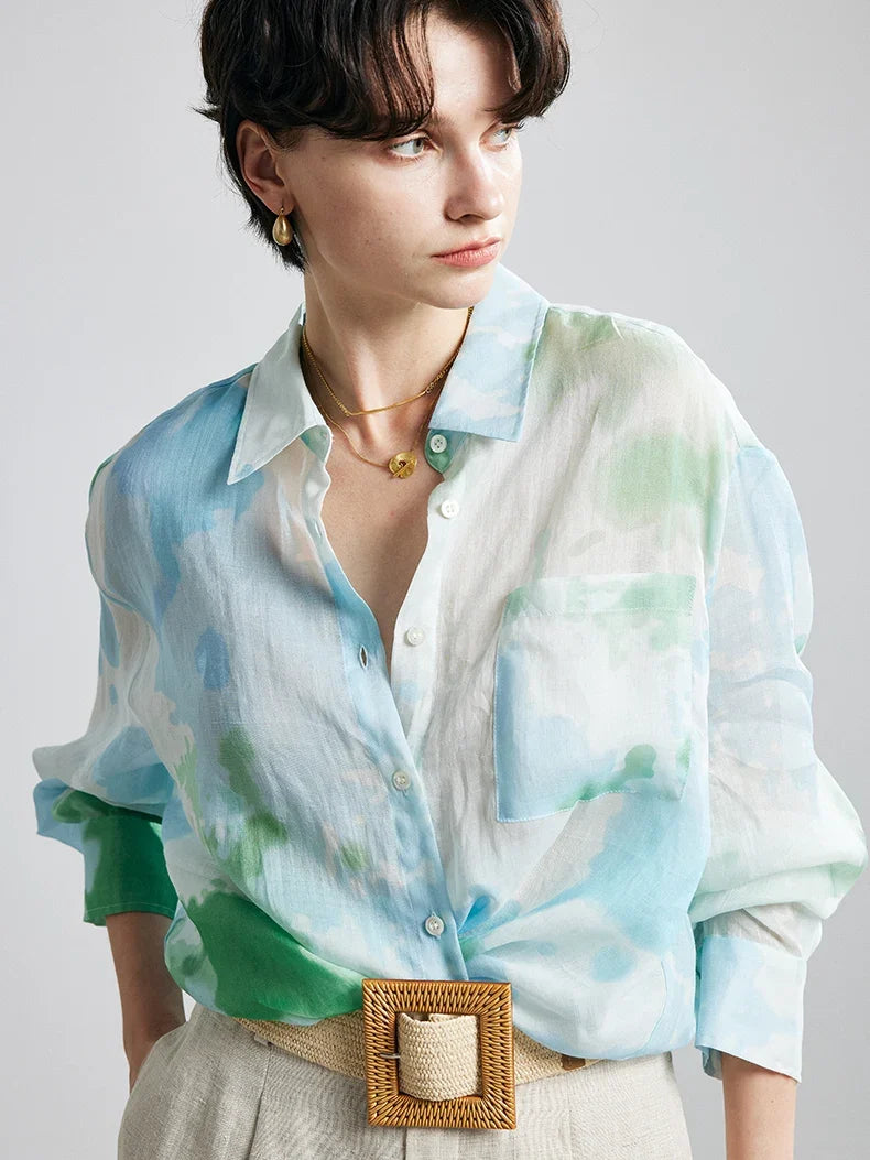 100% Ramie Floral Blouse  -  Women's Printed Shirt with Turn-Down Collar