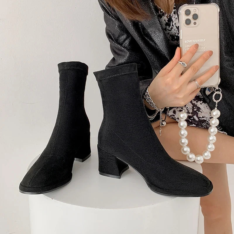 2026 new autumn winter women ankle boots 22-24.5cm stretch flannel square toe thick high heel skinny boots fashion short boots
