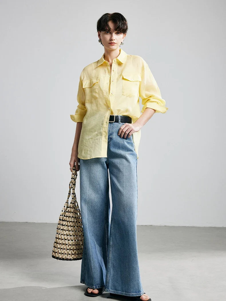 100% Ramie Loose-Fit Blouse  -  Women's Turn-Down Collar Shirt with Double Chest Pockets