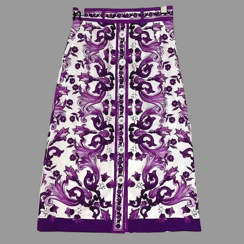 Elegant Women's Silk Top & Printed Cotton Skirt Set – 2-Piece Turn-Down Collar Outfit