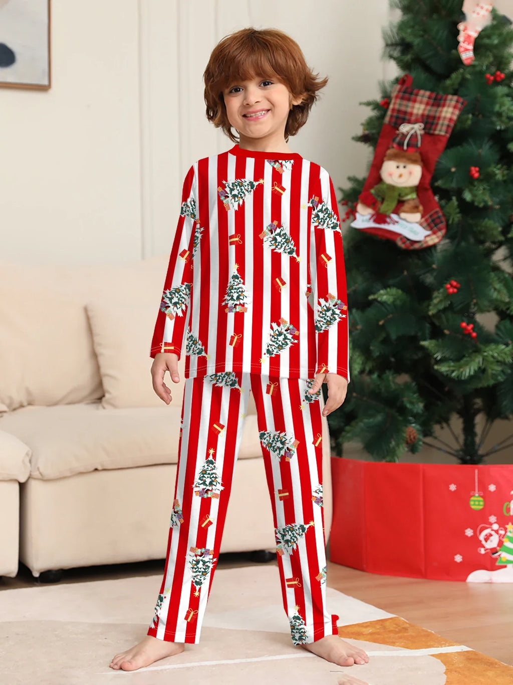 Red & White Striped Christmas Tree Family Pajamas – Mom, Dad & Kids