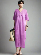 100% Ramie Maxi Dress – Women's V-Neck Solid Long Dress in Rose Purple