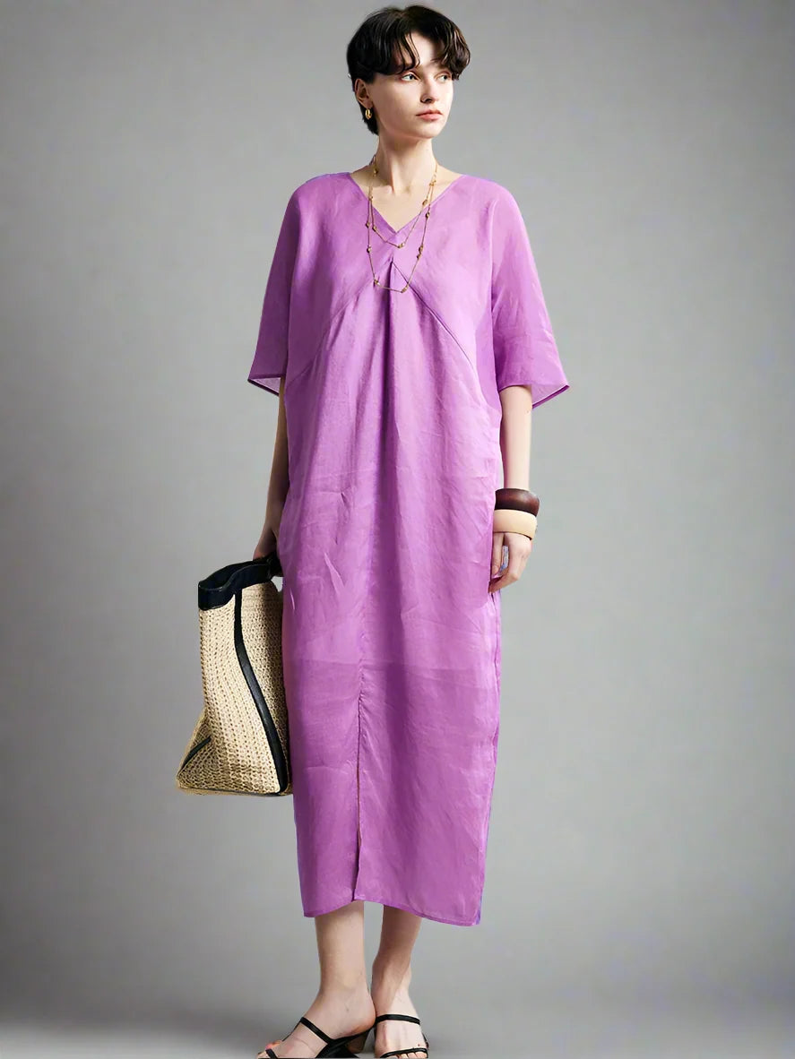 100% Ramie Maxi Dress – Women's V-Neck Solid Long Dress in Rose Purple