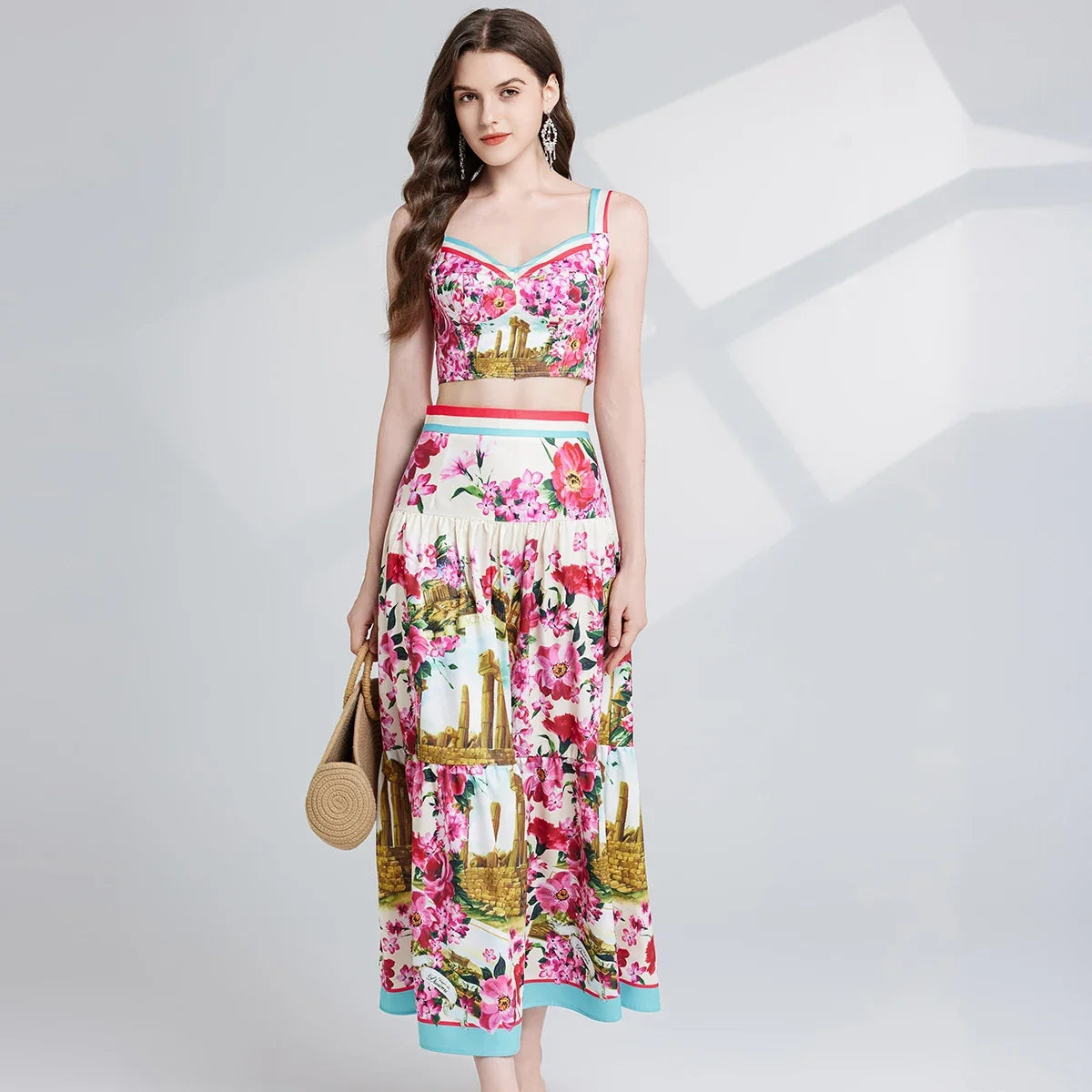 2025 Runway-Inspired Floral Print Two-Piece Set  -  Sleeveless Top & Skirt