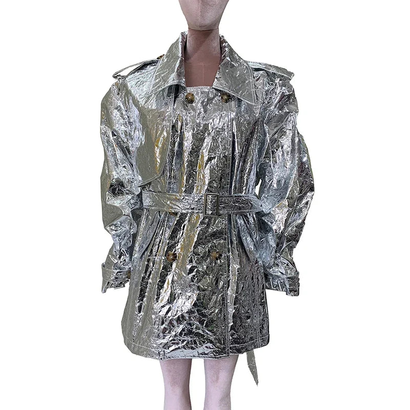 Autumn Oversized Shiny Silver Trench Coat for Women Belt Double Breasted European Fashion Emo Clothes Y2K Streetwear