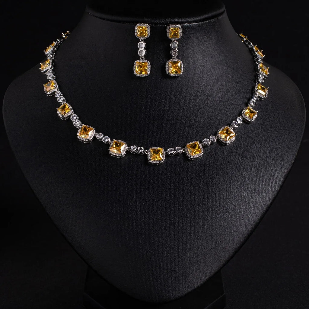 2-Piece Luxury Small Square Zirconia Jewelry Set Elegant Necklace & Earrings for Women | Party, Festival, Prom & Summer Date Look (S-650)