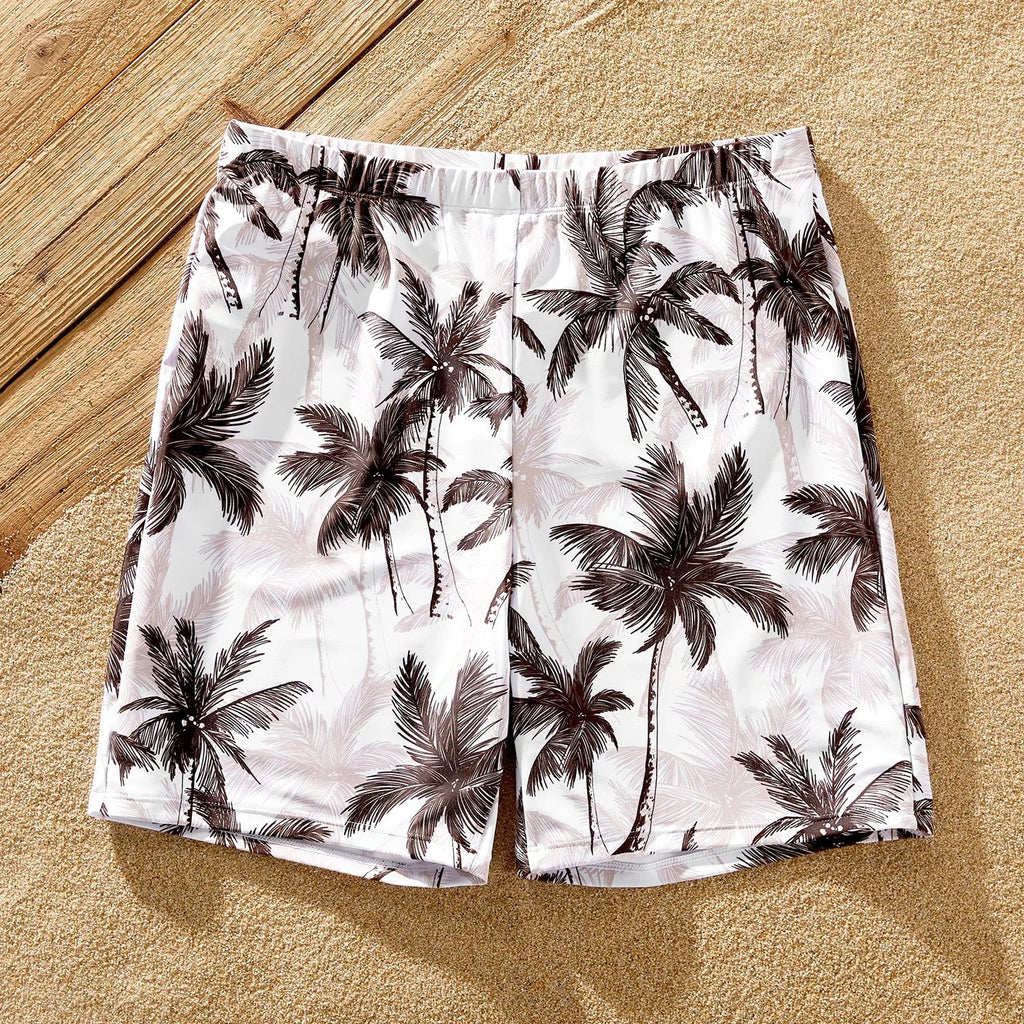 Family Matching Coconut Tree Print Swimwear  |  Ruched One-Piece Swimsuit & Swim Trunks Beach Set