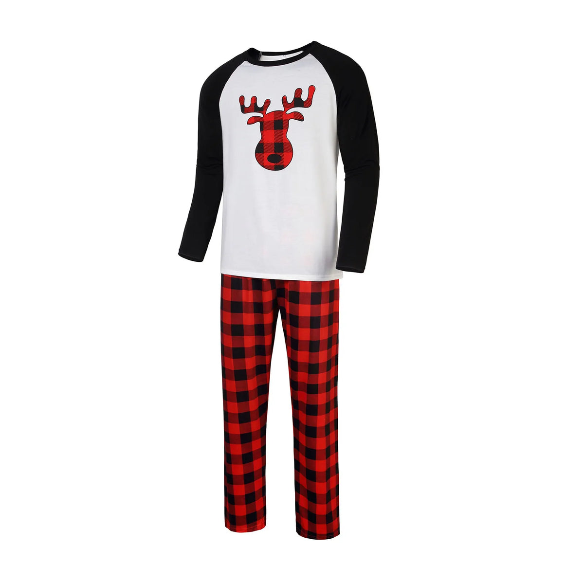 Cartoon Deer Christmas Pajama Set – Plaid Pants, Adult Sizes S–3XL