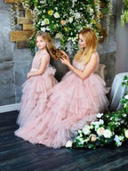 Elegant Pink Ruffled Mesh Tutu Dress for Mom and Daughter â€“ Sleeveless Matching Outfits for Birthday Party, Prom, or Christmas Photoshoot