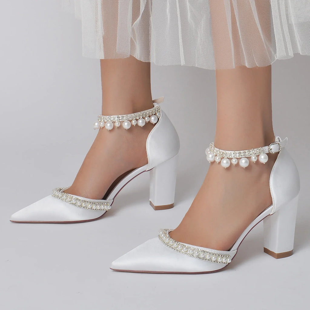Elegant Satin Evening Pumps with Thick Block Heel, Pearls & Ankle Strap  -  Bridal, Prom, Party Shoes