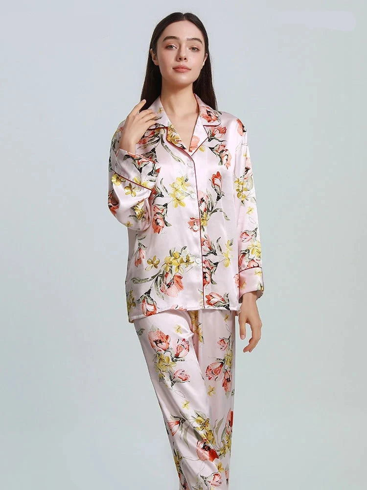 100% Real Silk Women's Pajama Set  |  Printed Long-Sleeve Summer Home Suit