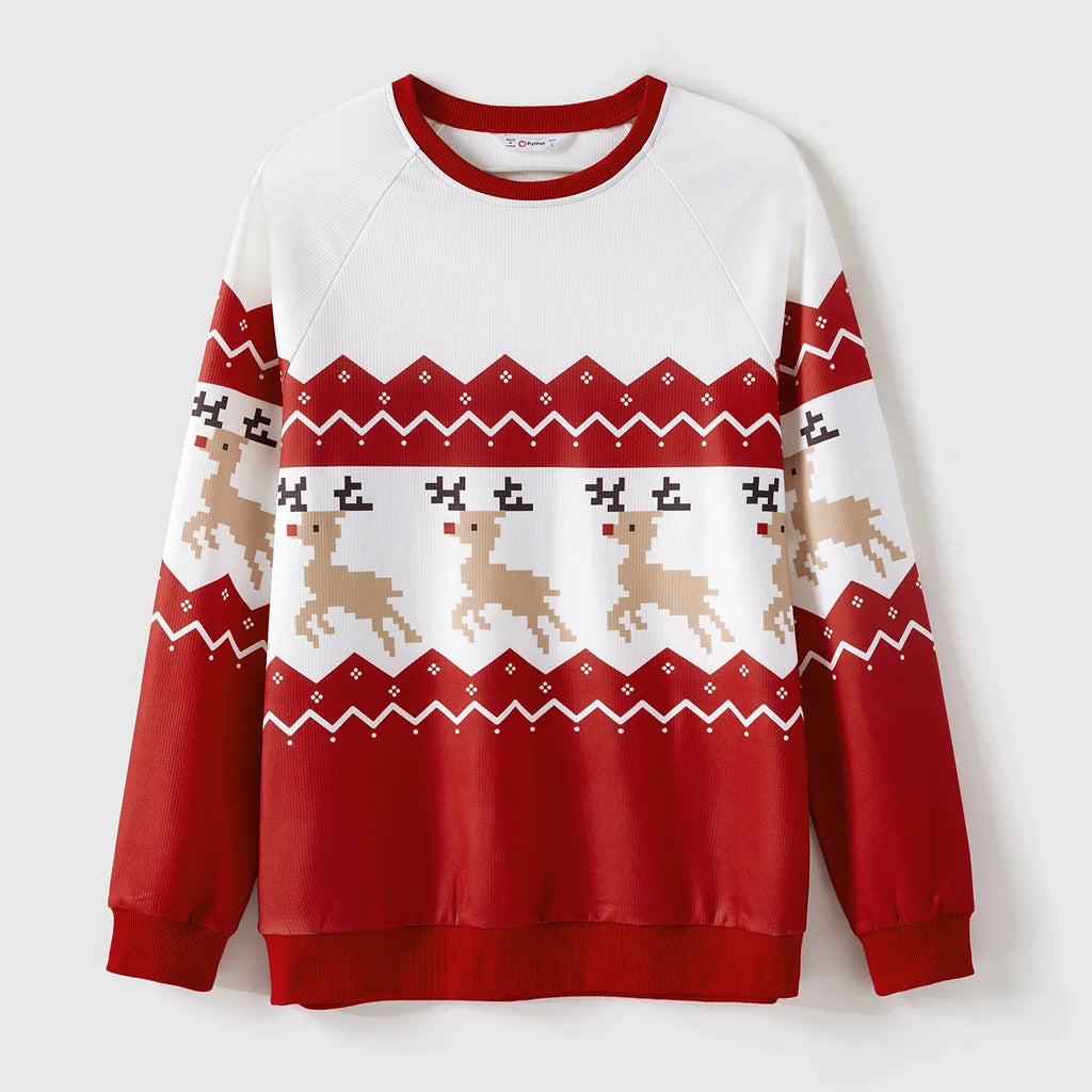 Christmas Family Matching Sweatshirts – Allover Reindeer Print Raglan Sleeve Tops | Holiday Family Outfits