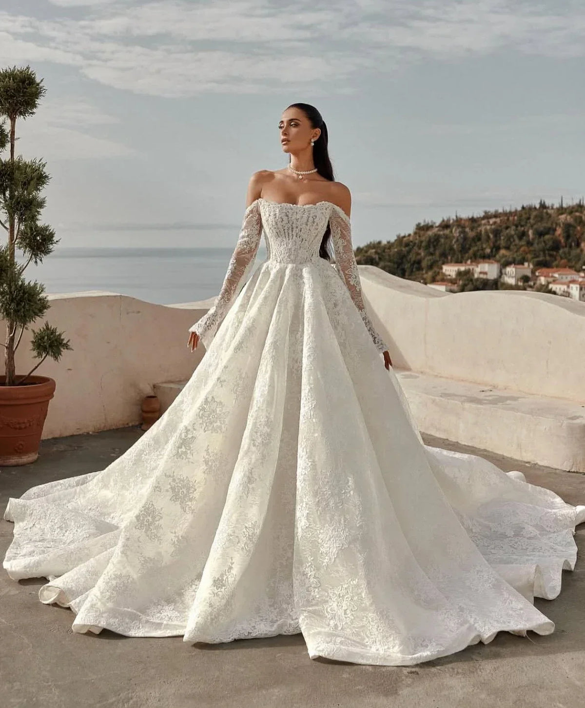 Lace Princess Ball Gown Wedding Dress – Long Sleeve, Off-Shoulder, Custom Made