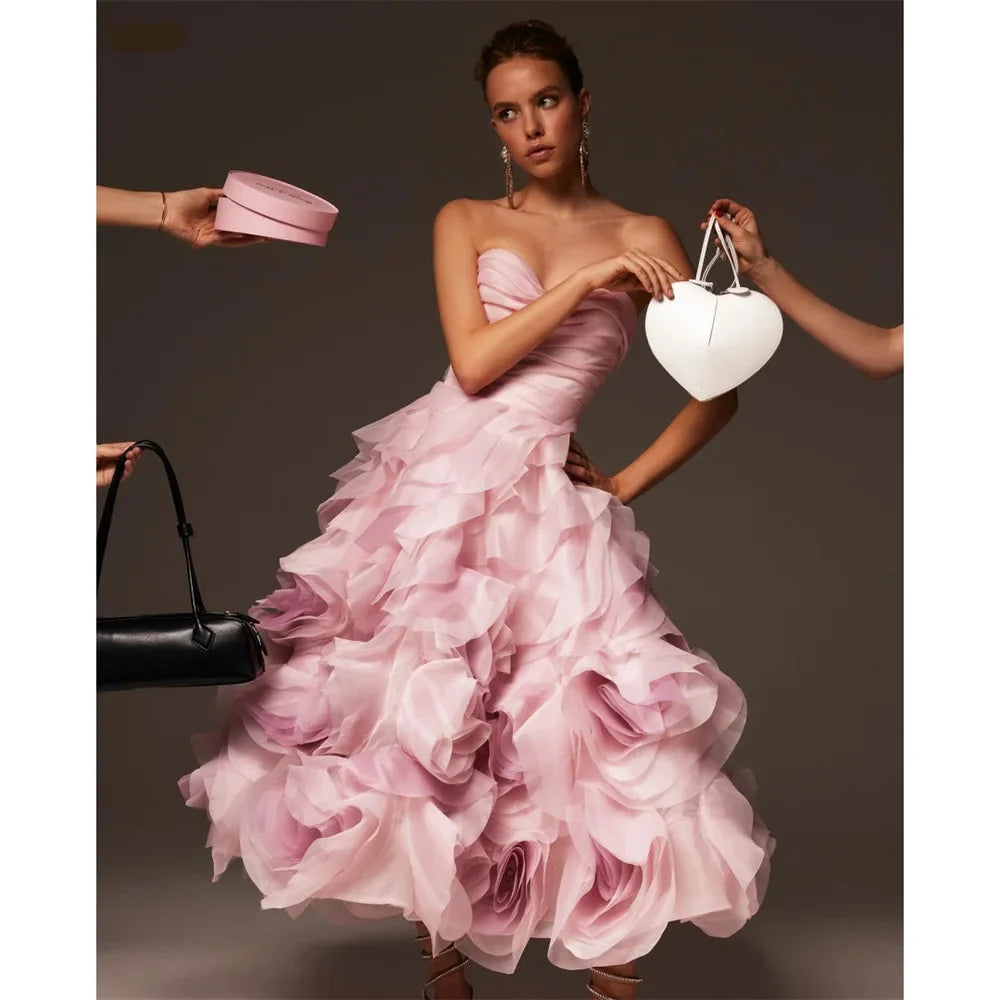 Customized Flower Tiered Ruffle Ball Gown Prom Dresses Ankle-Length vestidos de noche Strapless Sleeveless Formal Evening