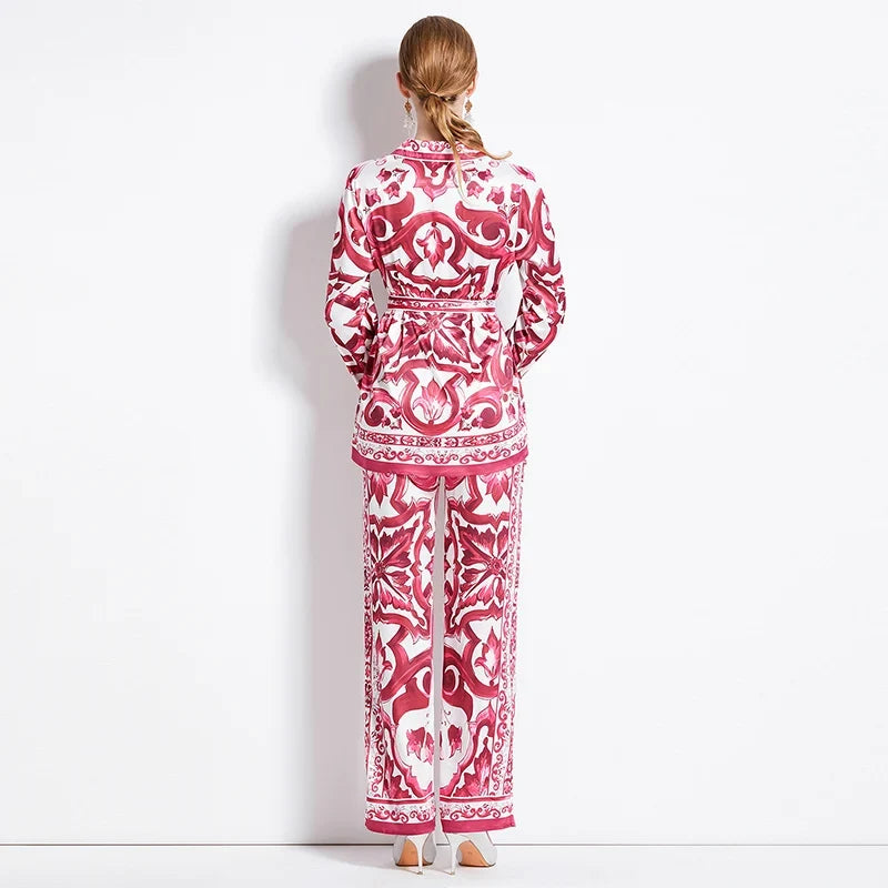 Autumn Women’s Porcelain Print Pantsuit – Red, Blue & White Notched Blouse with Belt + Wide-Leg Trousers Set