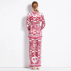 Autumn Women’s Porcelain Print Pantsuit – Red, Blue & White Notched Blouse with Belt + Wide-Leg Trousers Set