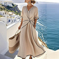 Elegant Striped Print V-Neck Maxi Dress – Short Sleeve Boho Casual Summer Beach A-Line