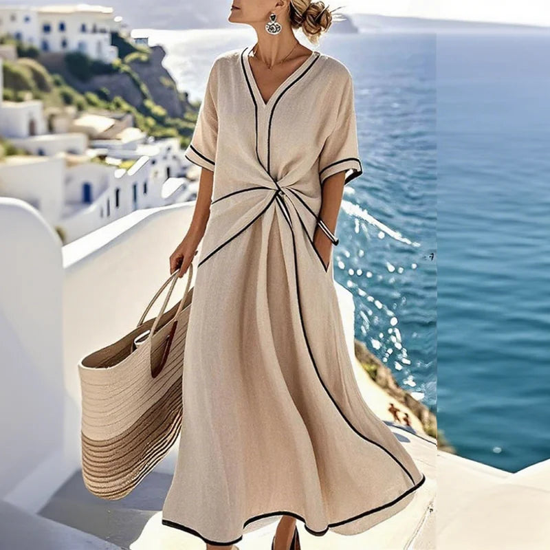 Elegant Striped Print V-Neck Maxi Dress – Short Sleeve Boho Casual Summer Beach A-Line