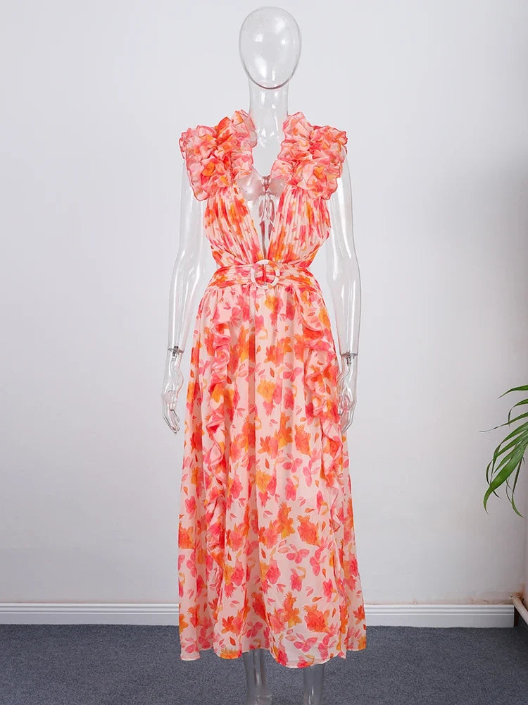 2025 New Women's Print Ruffle Hollow-Out Maxi Dress  -  Backless, Sleeveless, Lace-Up High Waist Split Beach Dress