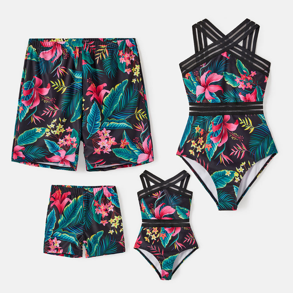 Family Matching Swimsuit Allover Plant Print Crisscross One-Piece Swimsuit and Swim Trunks