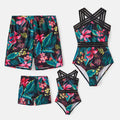 Family Matching Swimsuit Allover Plant Print Crisscross One-Piece Swimsuit and Swim Trunks
