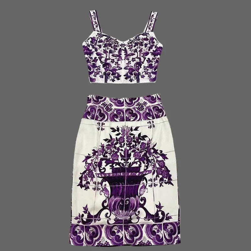 Elegant Women's Silk Top & Printed Cotton Skirt Set – 2-Piece Turn-Down Collar Outfit