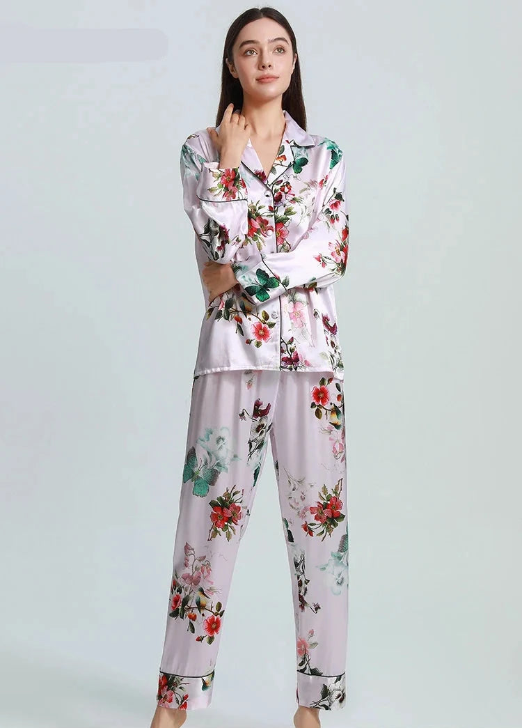 100% Real Silk Women's Pajama Set  |  Printed Long-Sleeve Summer Home Suit
