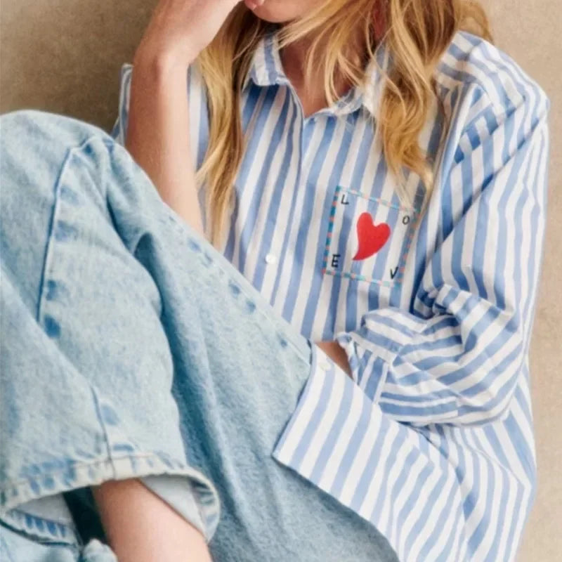 Early Spring Women's Striped Letters Love Lapel Buttoned Long Sleeve Top Shirt