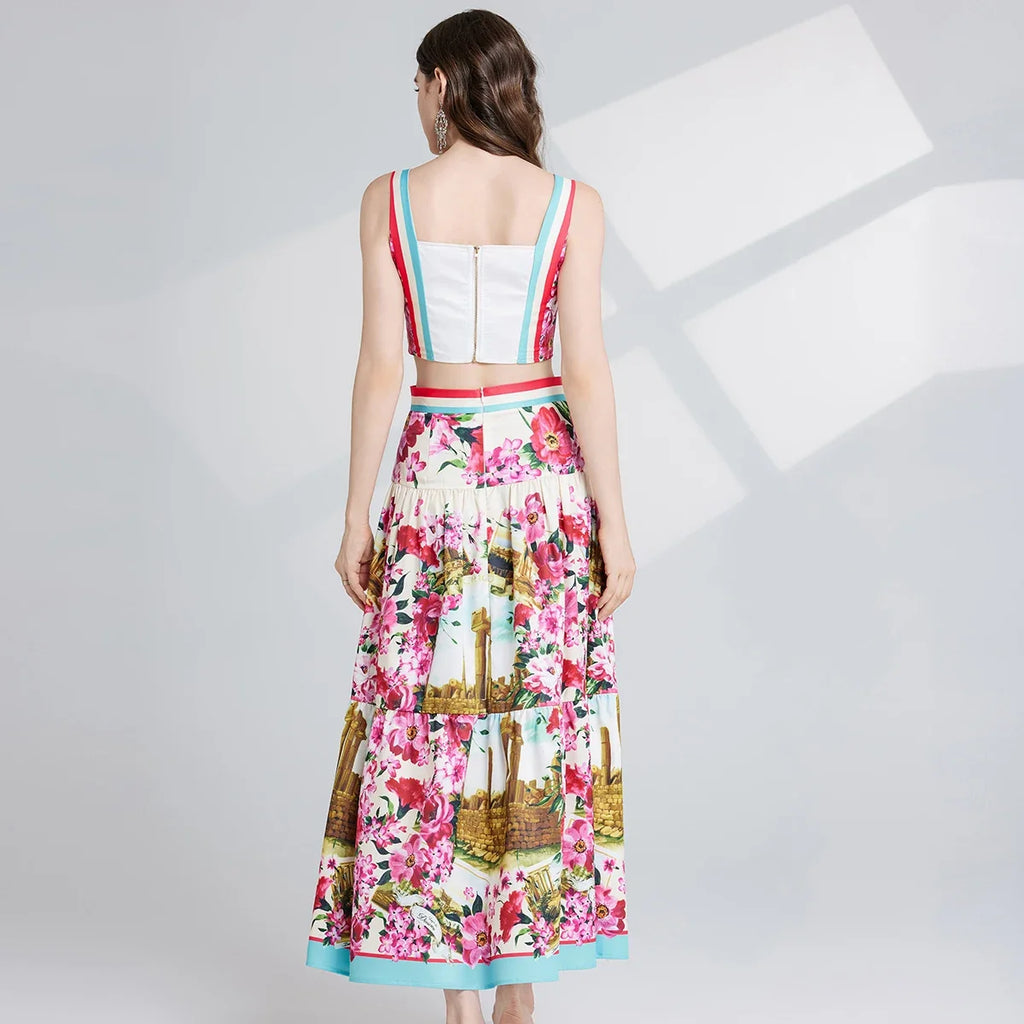 2025 Runway-Inspired Floral Print Two-Piece Set  -  Sleeveless Top & Skirt