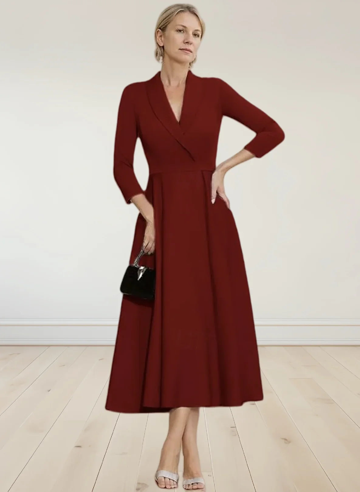 Elegant A-Line Satin Mother of the Bride Dress – Tea Length with 3/4 Sleeves | 2025 Wedding Guest Look