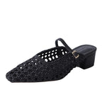 2025 Braided Slipper Women Covered Pointed Toe Buckle Up Mules Female Med Chunky Heels Daily Outdoor Breathable Slides