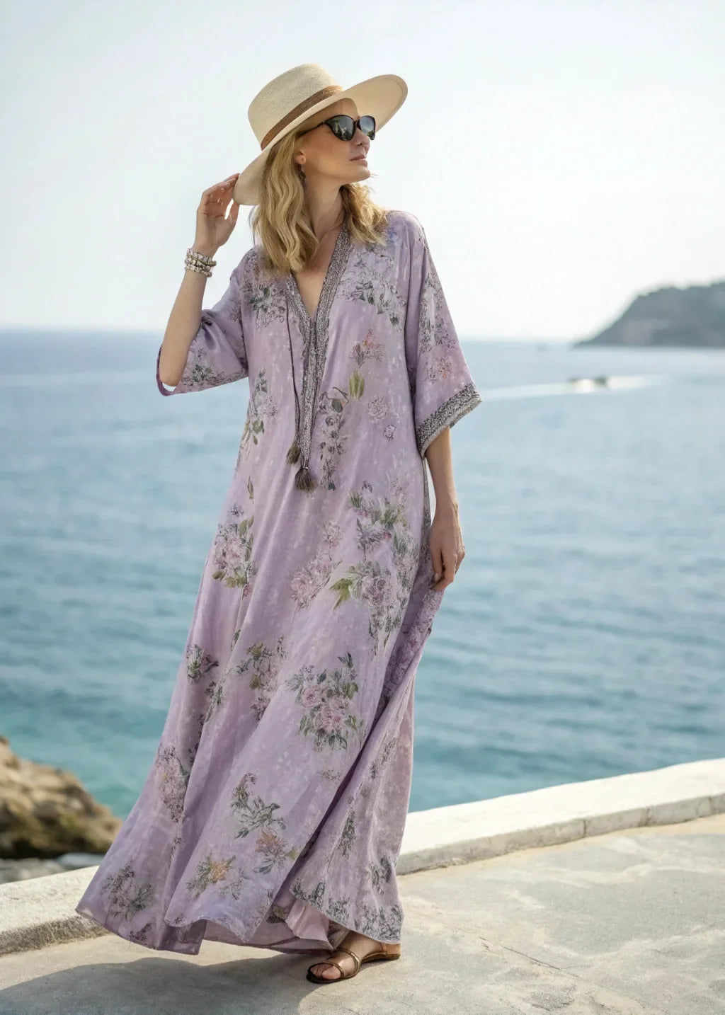 2026 Spring/Autumn Ethnic Print Maxi Dress – V-Neck, Striped Contrast, Trumpet Sleeves, Loose Fit Vacation Long Dress for Women