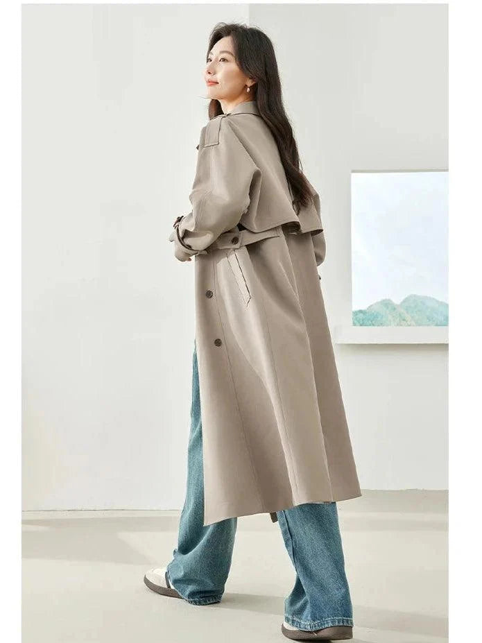 Elegant Long Trench Coat for Women – Fall Double-Breasted Windbreaker