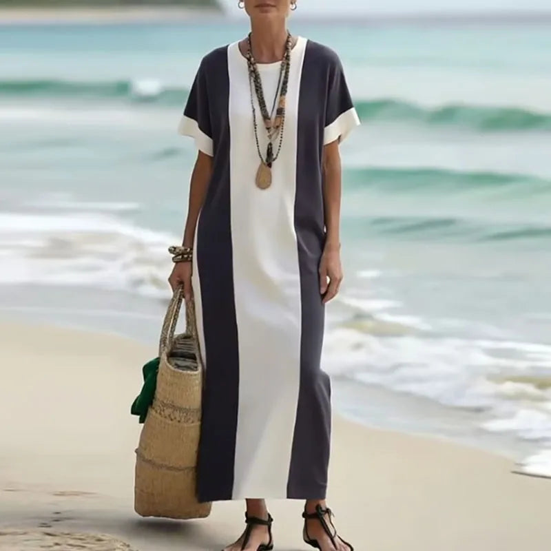 Elegant Retro Contrast Color Boho Maxi Dress – O-Neck, Short Sleeve, Loose Fit, Side Slit Long Dress for Women, Spring/Summer Vacation Style