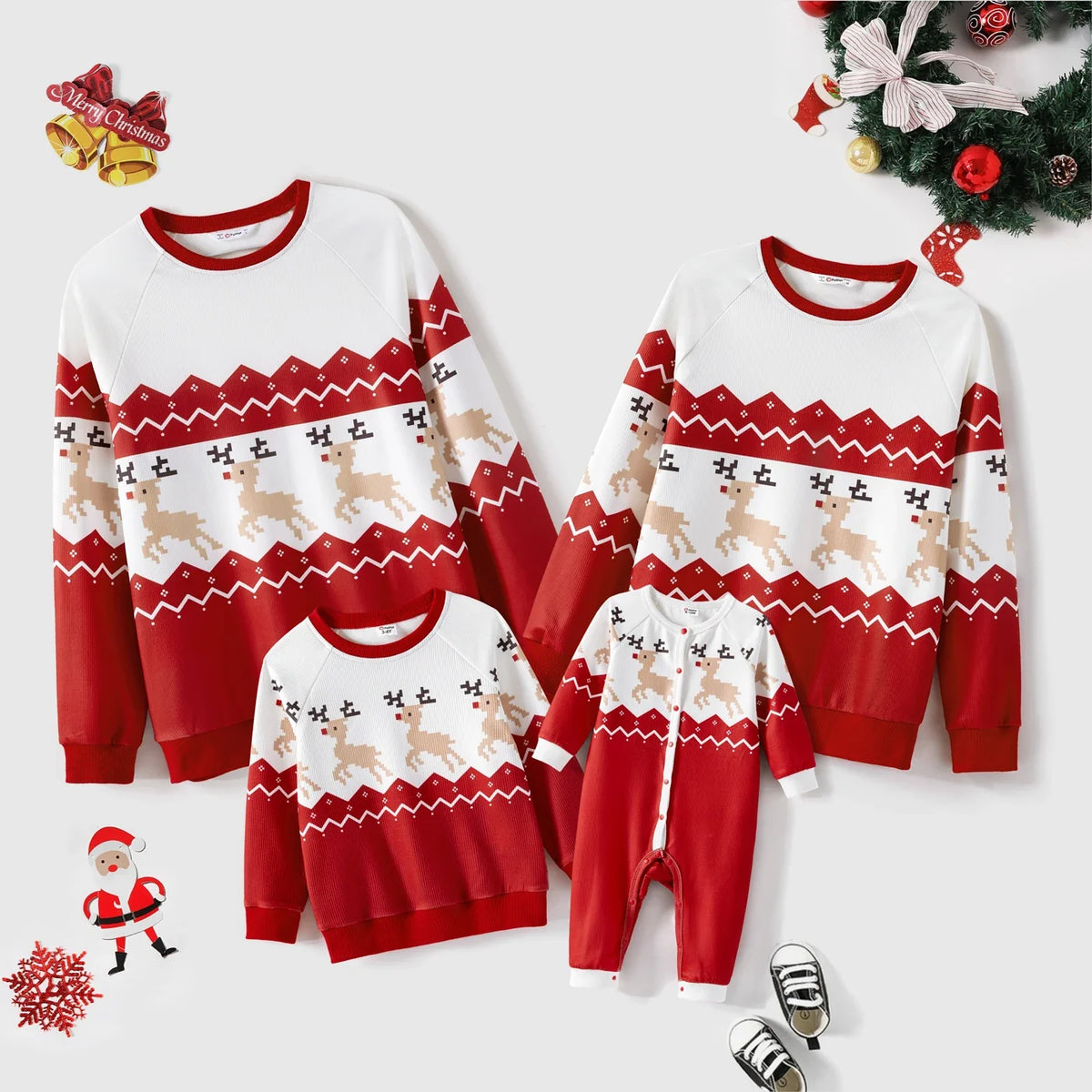 Christmas Family Matching Sweatshirts – Allover Reindeer Print Raglan Sleeve Tops | Holiday Family Outfits
