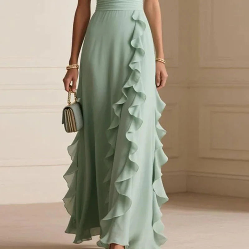 Boho Long Ruffle Dress – Women's V-Neck High Waist Butterfly Sleeve Maxi Dress